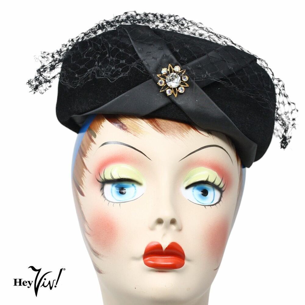 Vintage 50s Hat Black Peachbloom Velour Merrimac Body Rhinestone Trim - Hey Viv